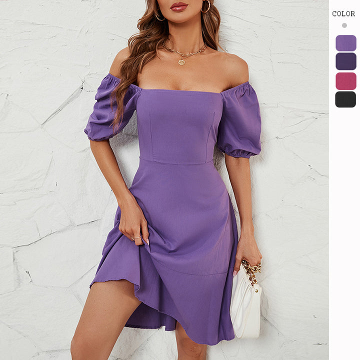Ladies Elegant Off-Shoulder Dress with Voluminous Puff Sleeves and Asymmetrical Cut