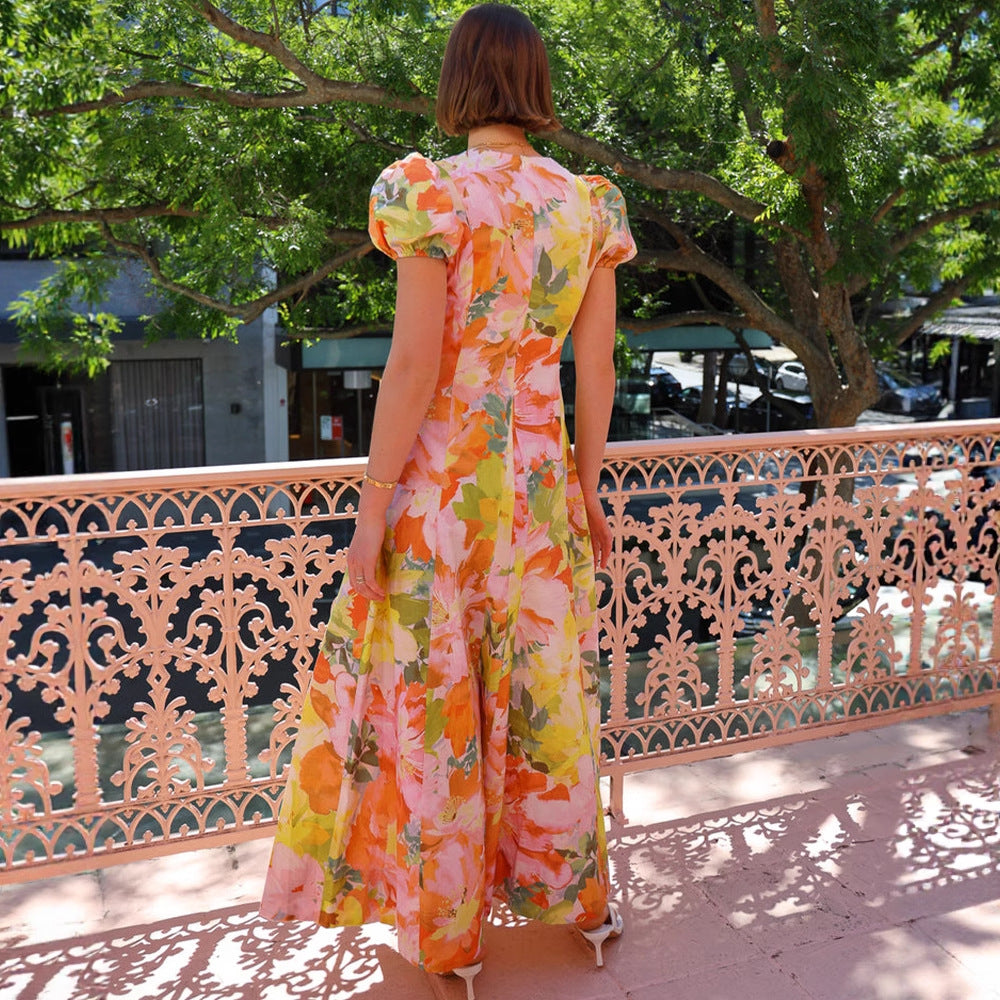 Women's maxi dress with deep V-neck and voluminous sleeves Lisslune