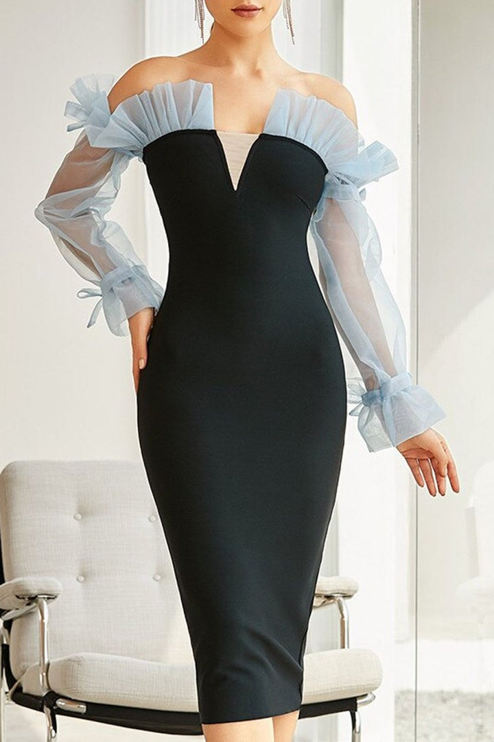 Women's Figure-hugging Cocktail Dress with Transparent Puff Sleeves and Elegant V-neck