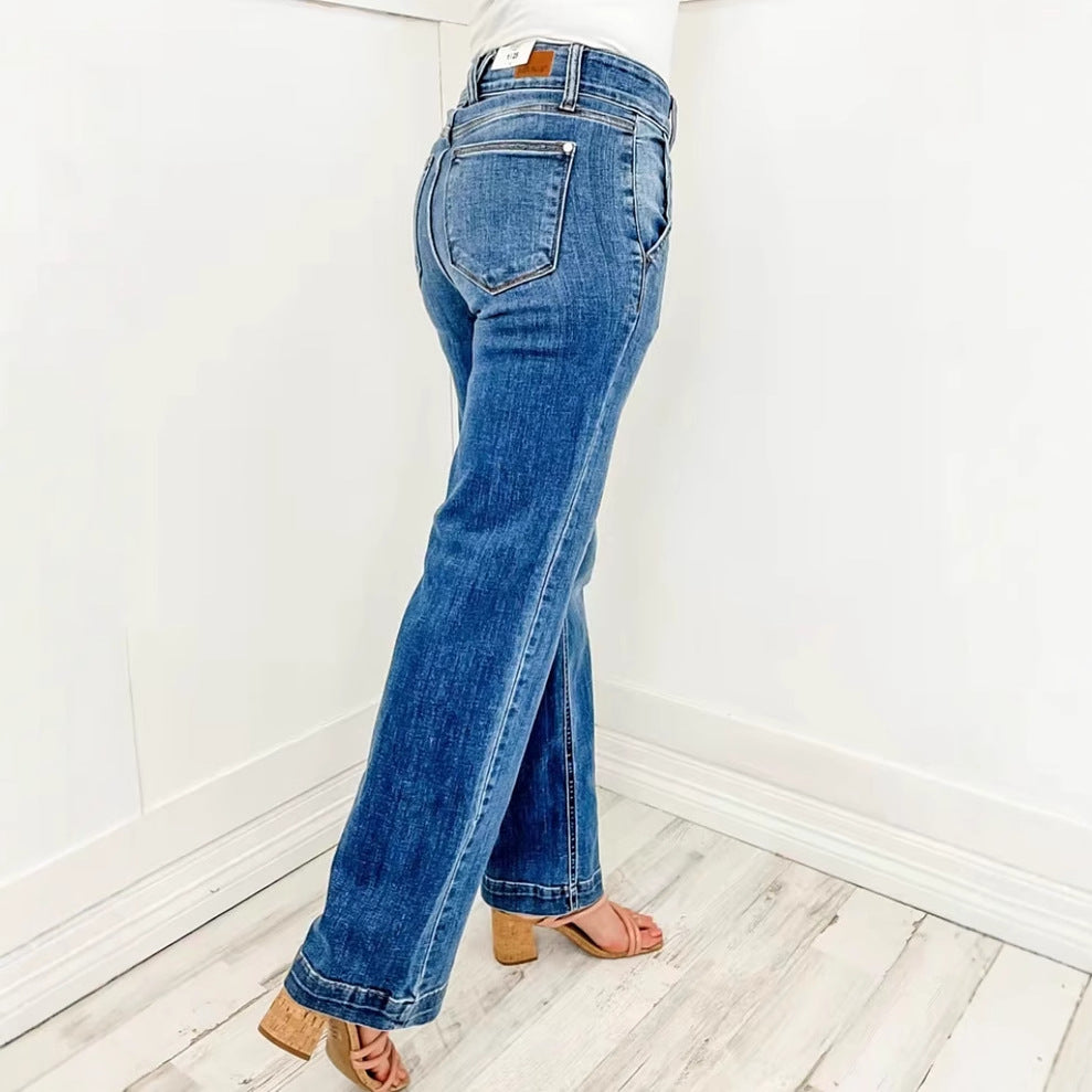 Women's Wide Leg Jeans with High Waist and Elegant Seam Design