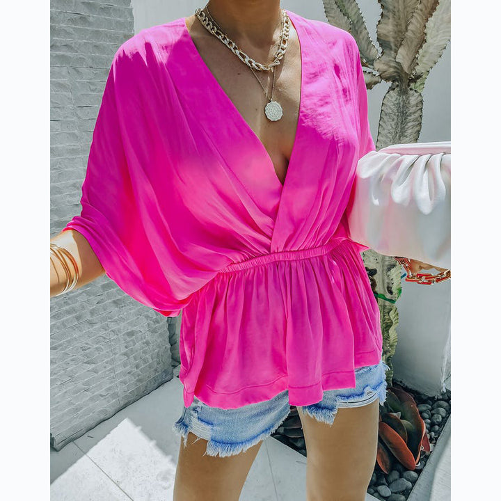 Women’s Lightweight Blouse Top with Deep V-Neck and Elastic Waistband Lune London