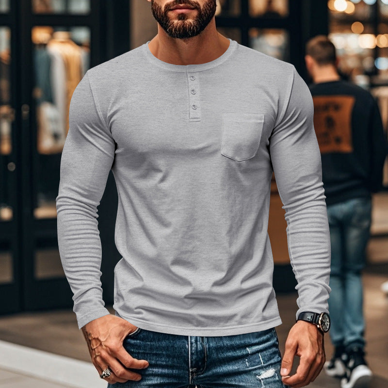 Men's long-sleeved Henley shirt with textured cotton surface and chest pocket Lisslune