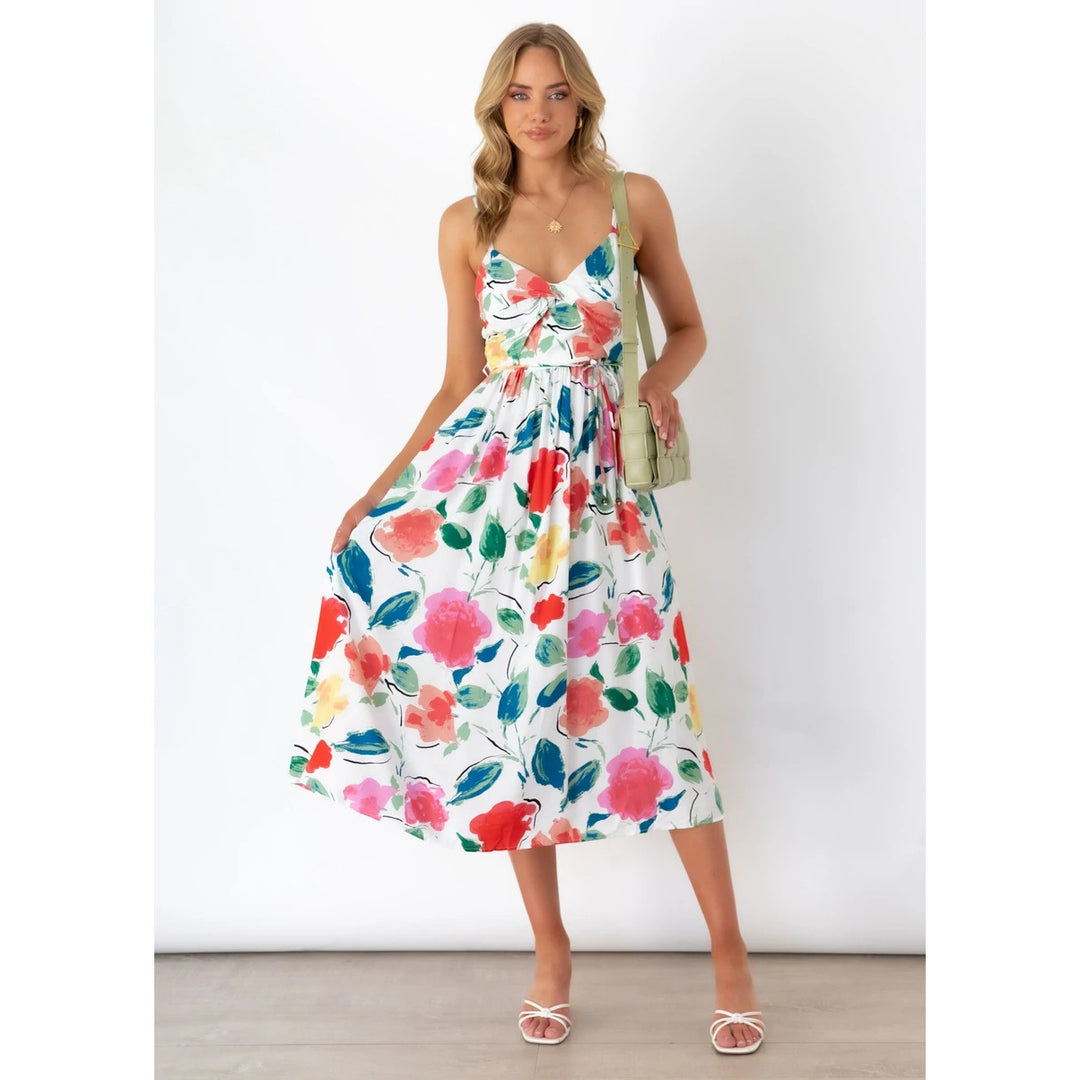 Women's midi dress with elegant wrap design and floral pattern mix Lune London