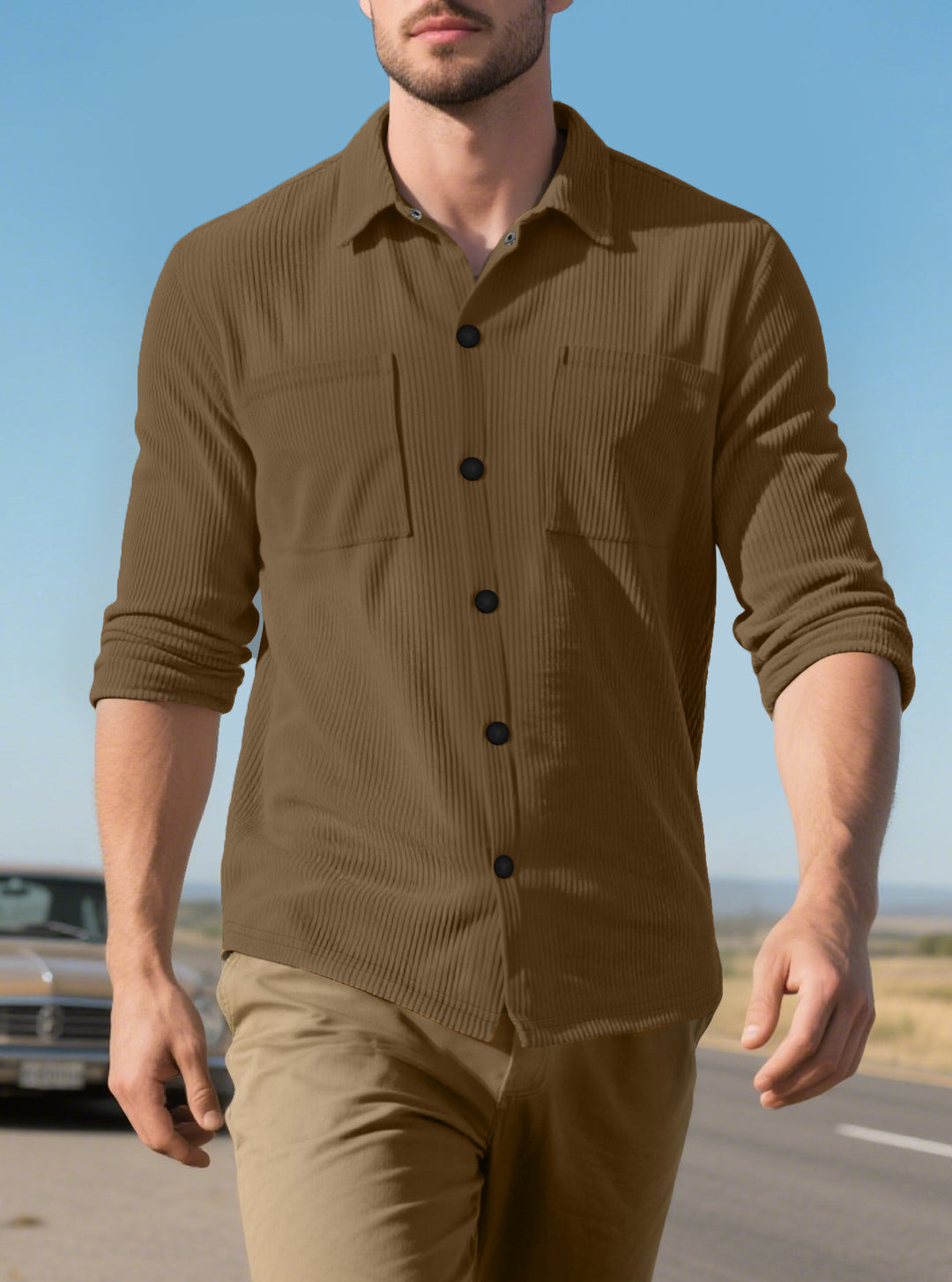 Men's long-sleeve shirt with textured cord pattern and practical chest pockets Lisslune