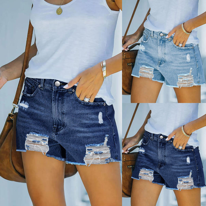 Women's High-Cut Destroyed Denim Shorts with Elaborate Fringing Lisslune