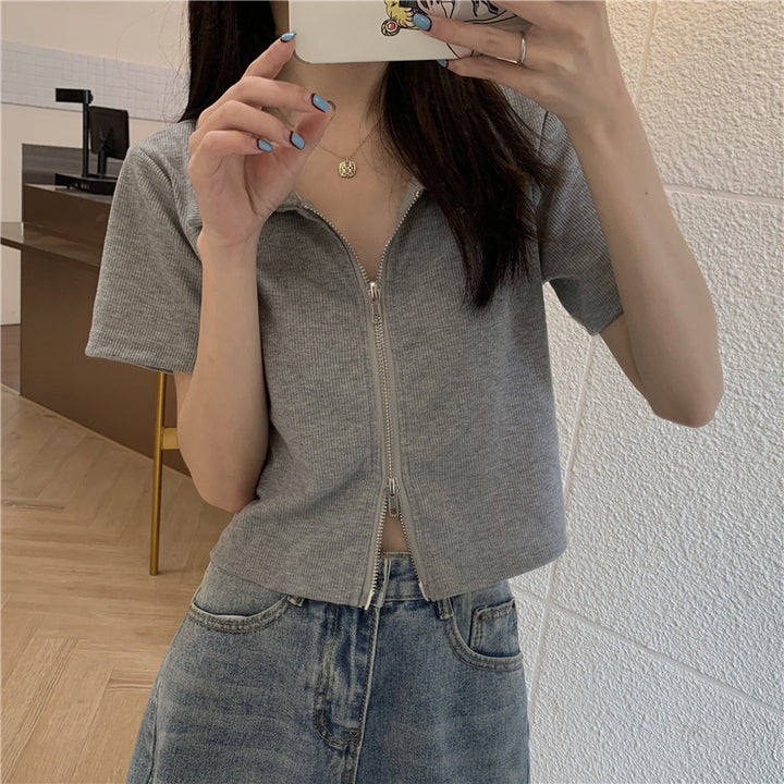 Women Cropped Polo Shirt with Zipper and Textured Finish Lisslune