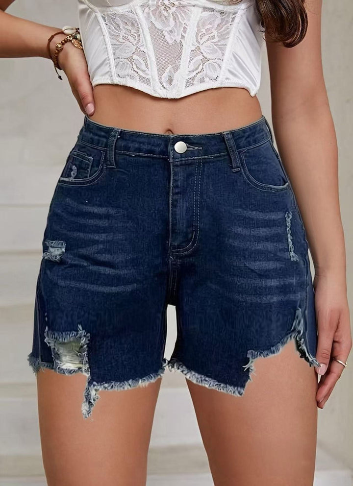 Women's casual destroyed denim shorts with high rise and frayed edges Lisslune
