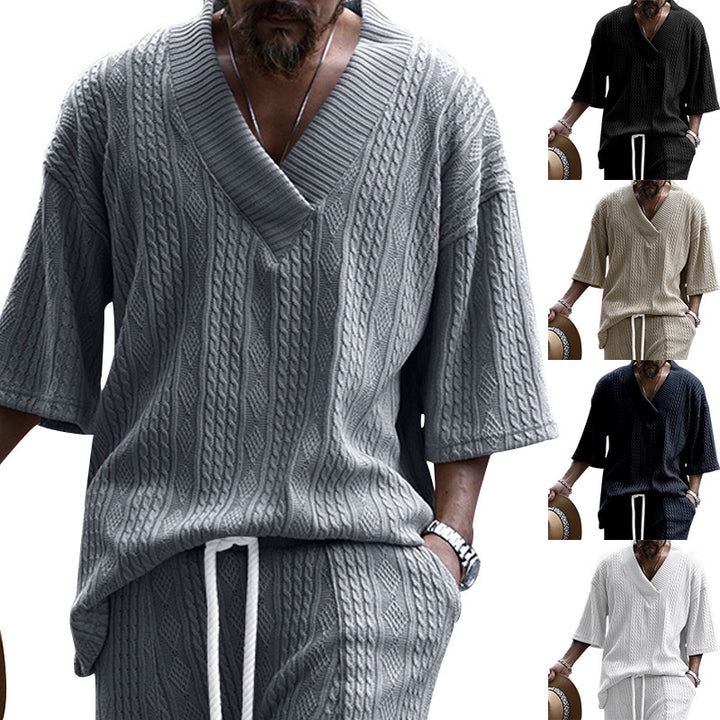Men's casual knit sweater with V-neck and decorative cable pattern Lisslune