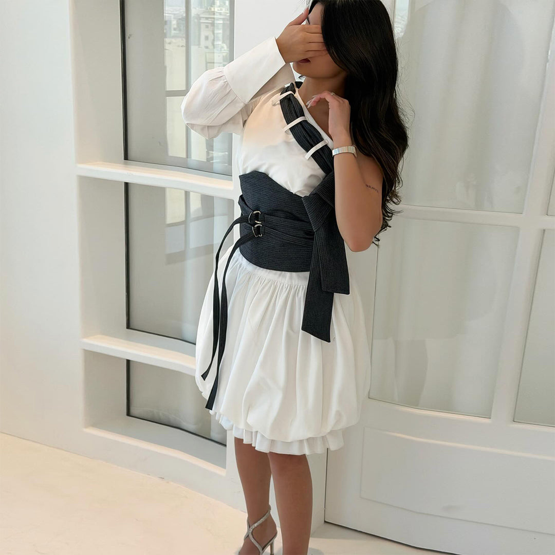 Women's Off-Shoulder Dress with Innovative Waist Bodice and Voluminous Skirt