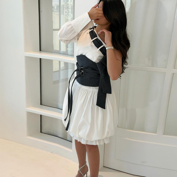 Women's Off-Shoulder Dress with Innovative Waist Bodice and Voluminous Skirt