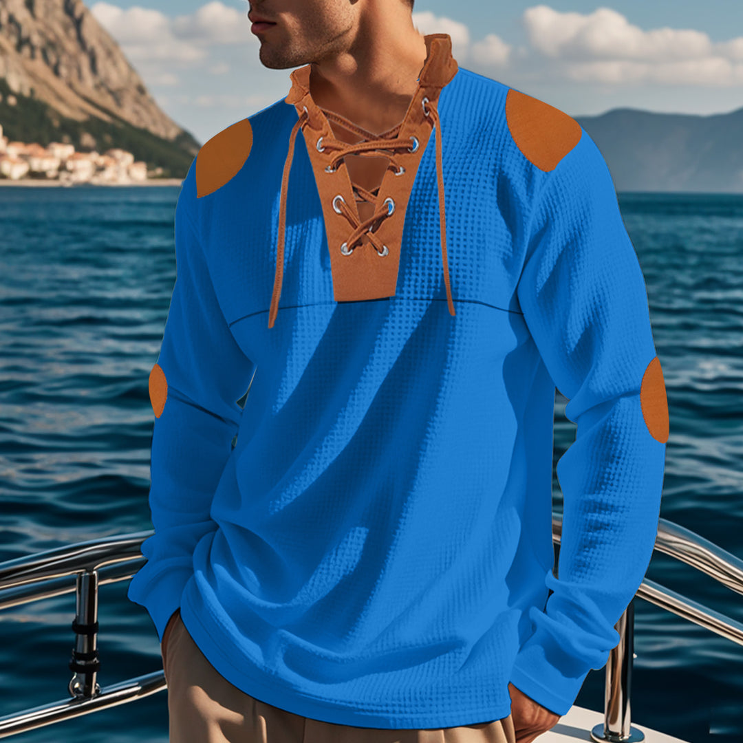 Men's long-sleeve Henley shirt with decorative lacing design Lisslune