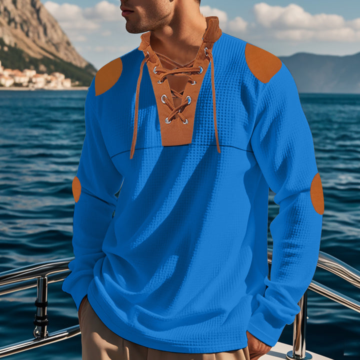 Men's long-sleeve Henley shirt with decorative lacing design Lisslune