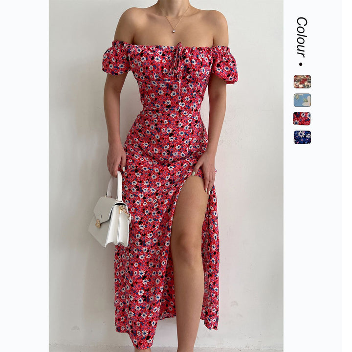Women's Off-Shoulder Maxi Dress with Floral Design and Elegant Slit Lune London