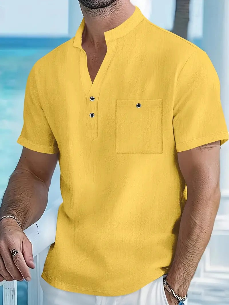 Men's short sleeve shirt with fashionable stand-up collar and button details Lisslune