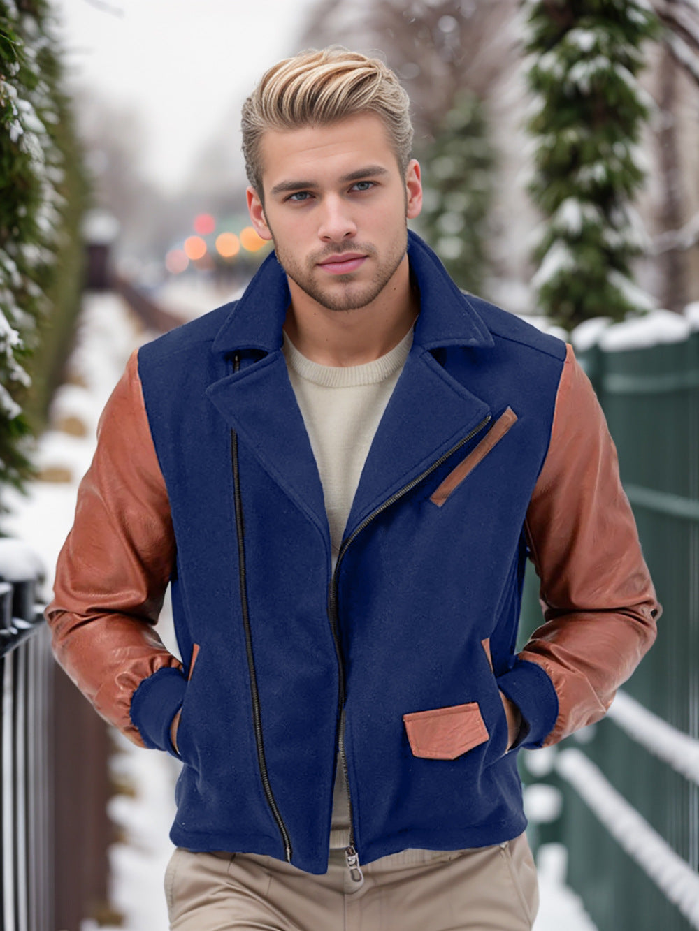 Men's fashionable fleece combination jacket with leather accents Lisslune