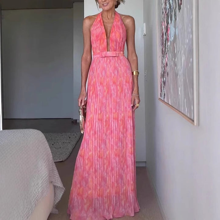 Ladies Pleated Maxi Dress with Deep Neckline and Elegant Belt