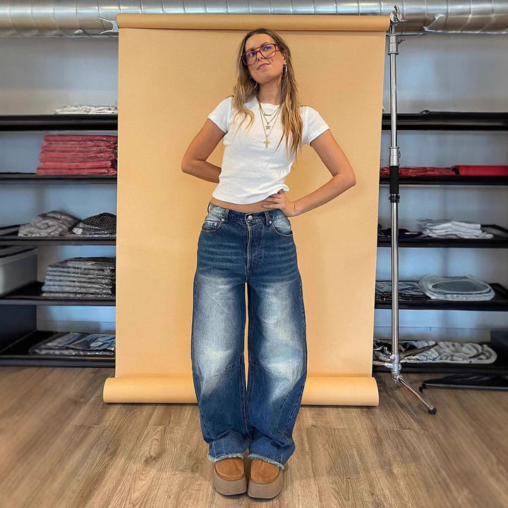 Ladies fashionable wide jeans with a unique cut and high waistband Lisslune