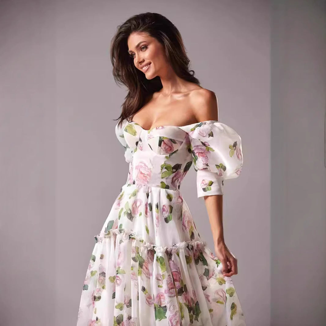 Women's Elegant Maxi Dress with Off-the-Shoulder Ruffle Sleeves and Floral Accents