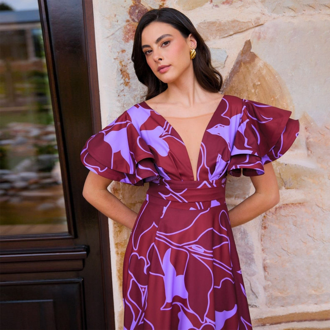 Ladies Maxi Dress with voluminous puff sleeves and elegant slit Lisslune