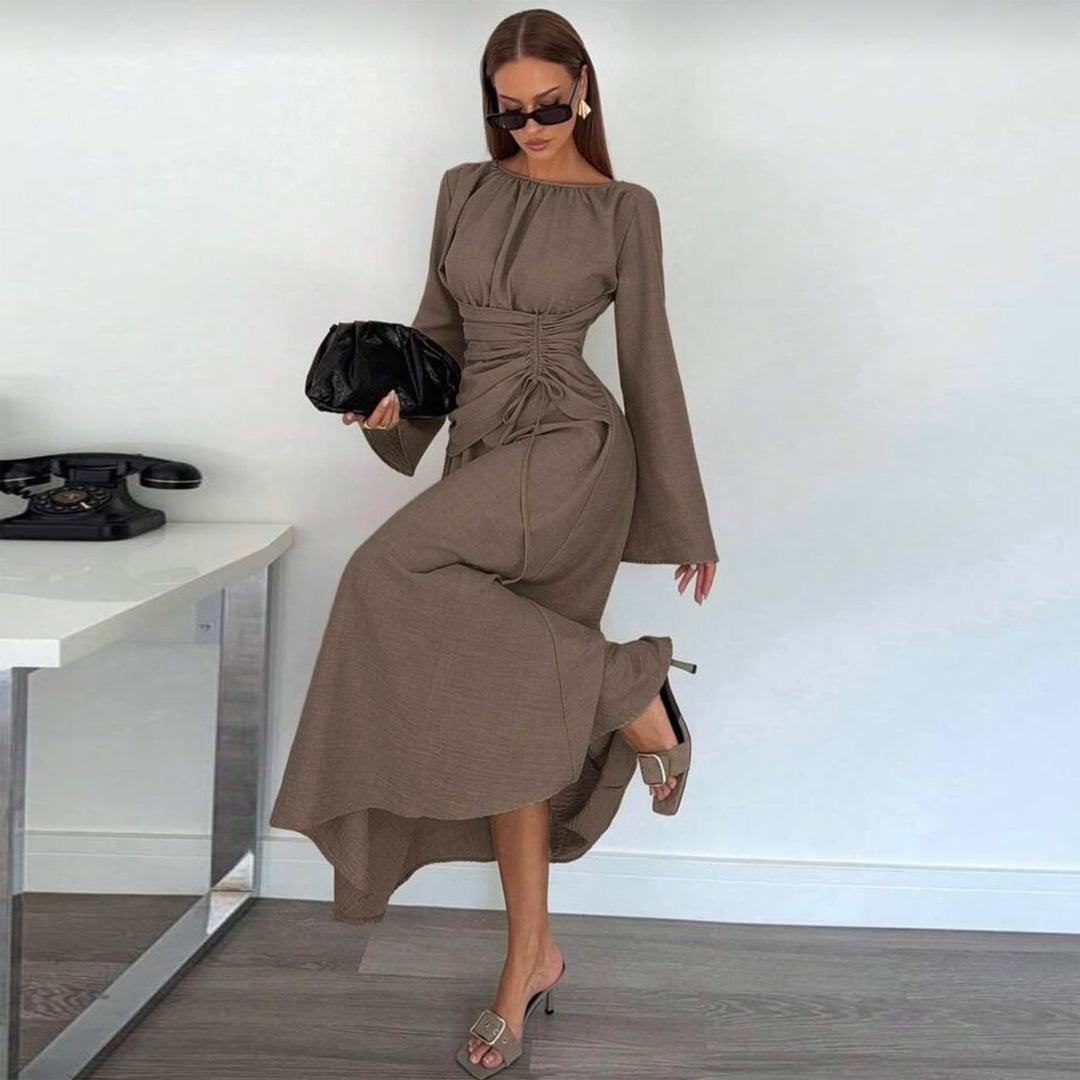 Women's Elegant Maxi Dress with Side Ruffle and Sophisticated Draping
