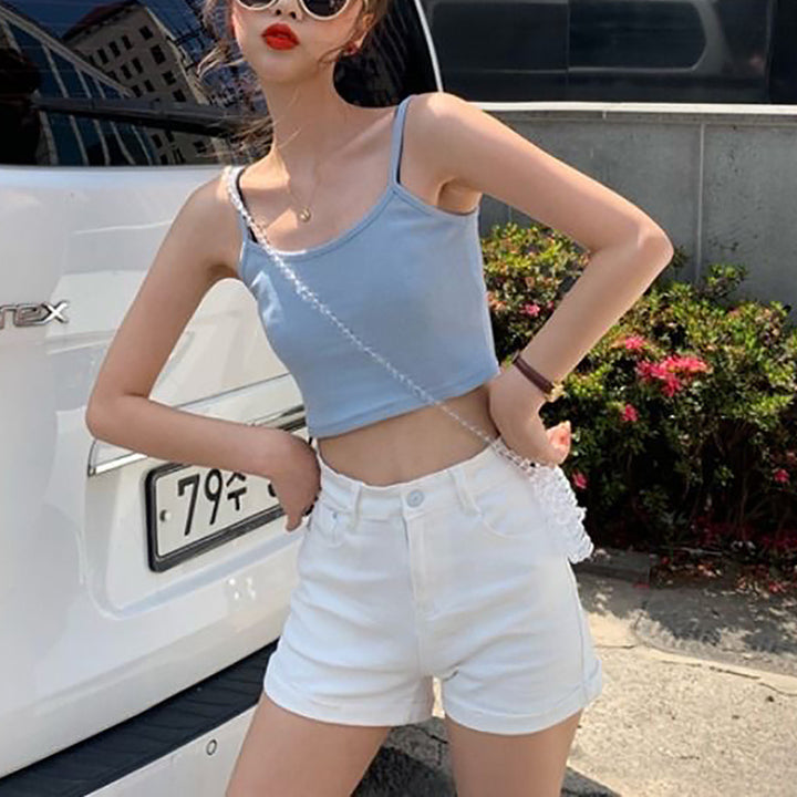 Women's cropped top with thin straps and elastic cut