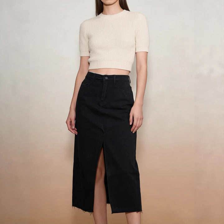 Women's Midi Denim Skirt with High Slit and Frayed Hem Lisslune