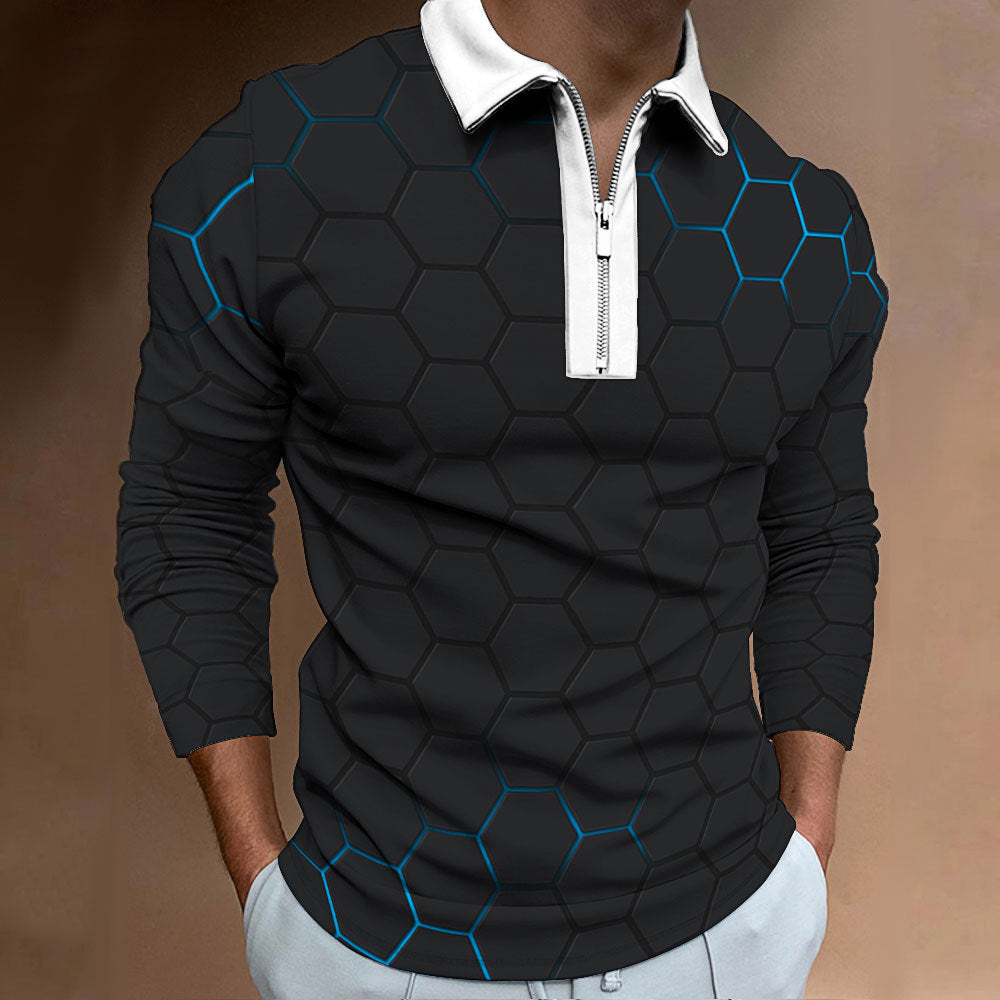 Men's polo shirt with modern honeycomb pattern and contrasting zipper Lisslune
