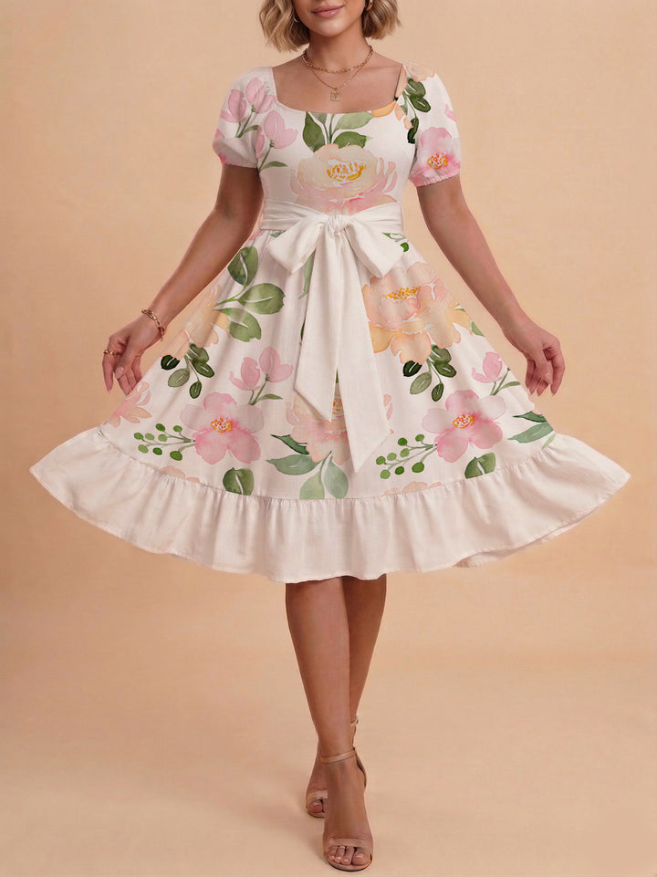 Women A-line dress with floral motifs and adjustable belt Lisslune