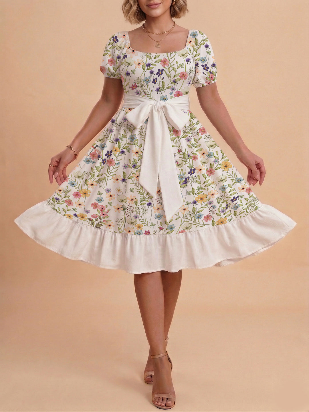 Women's floral dress with adjustable belt and voluminous sleeves Lisslune
