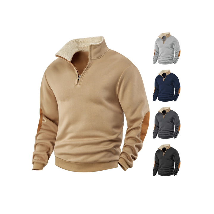 Men's fleece pullover with high collar and fashionable leather appliqués Lisslune