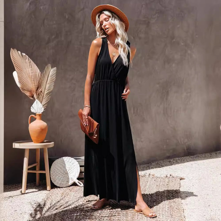 Ladies Maxi Dress with elegant wrap design and high slit Lune London
