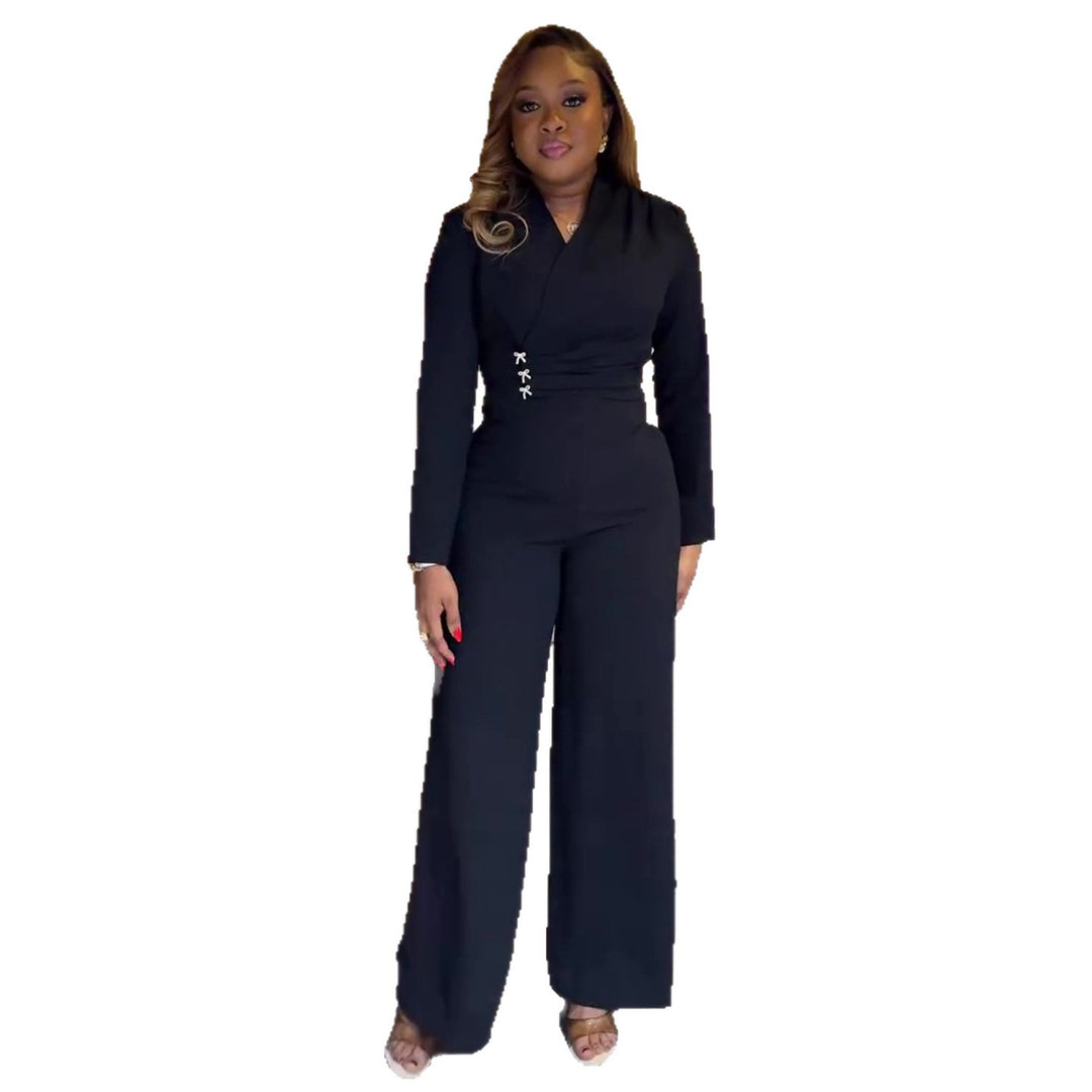 Women's jumpsuit with elegant wrap design and details at waist height