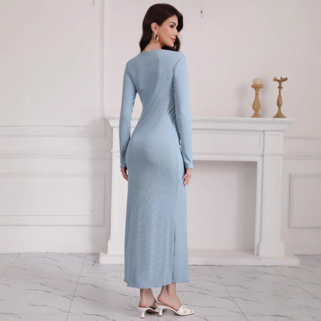 Women's Long Sleeve Maxi Dress made of high-quality ribbed knit fabric with elegant slit