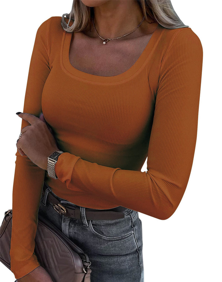 Women’s Long Sleeve Ribbed T-Shirt with Elegant Boat Neck Lisslune