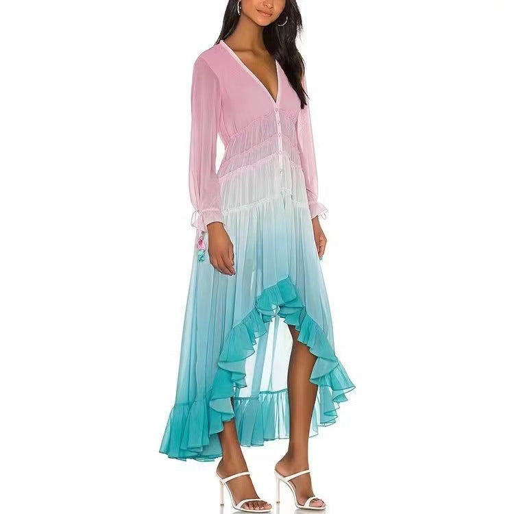 Women's maxi dress with ruffle details and elastic top