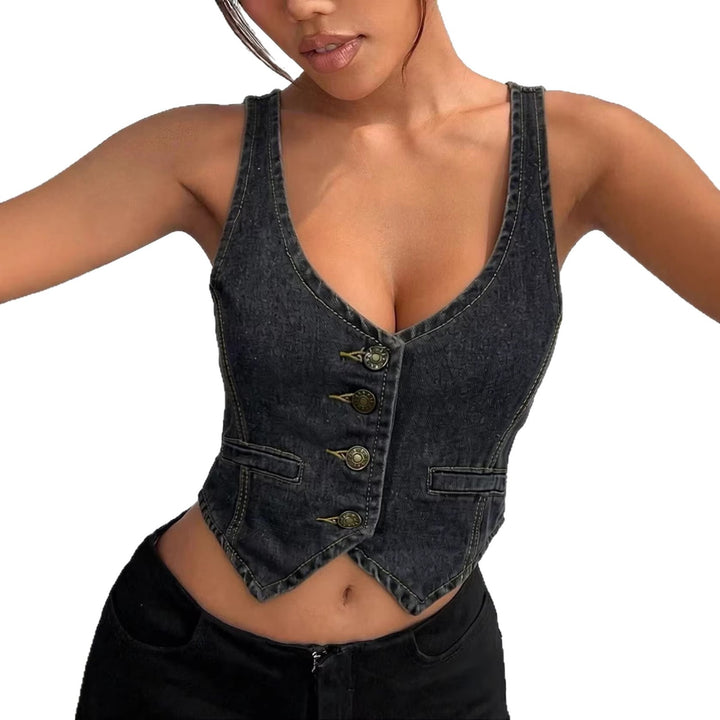 Women's Denim Bustier Top with Button Details and Extended Silhouette Lisslune