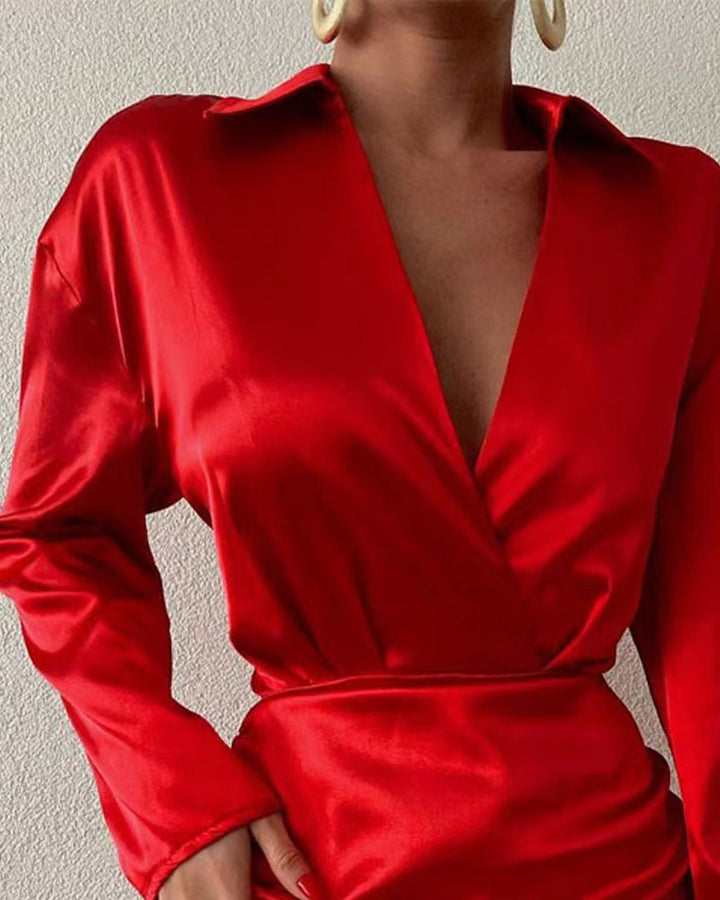 Ladies Elegant Wrap Dress with Long Sleeve and Adjustable Hem