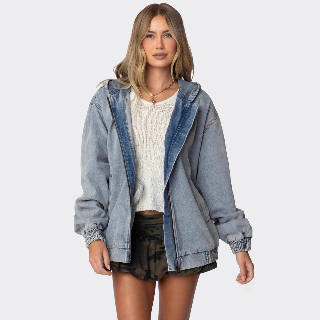 Damen Oversized Denimjacke mit Kapuze und elastischen Bündchen Lisslune