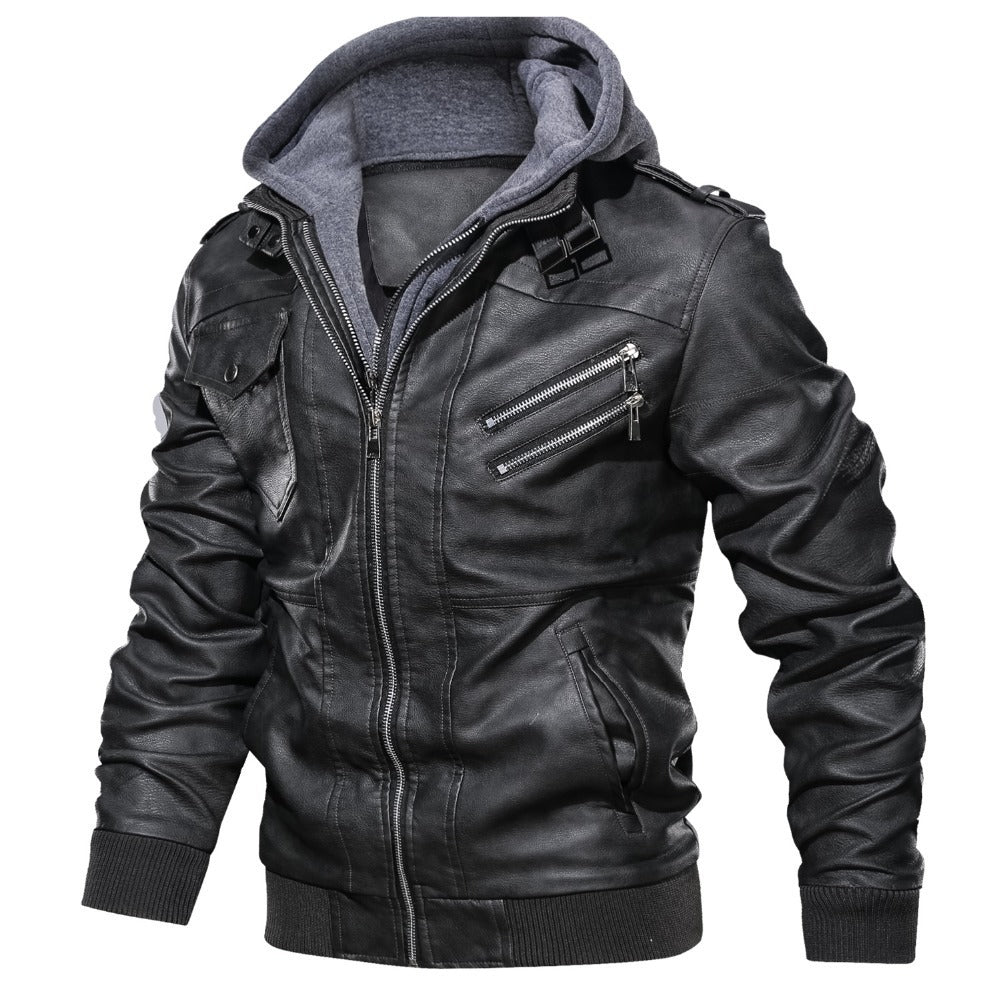 Men's Cool Leather Jacket with Integrated Hood and Versatile Pockets Lisslune
