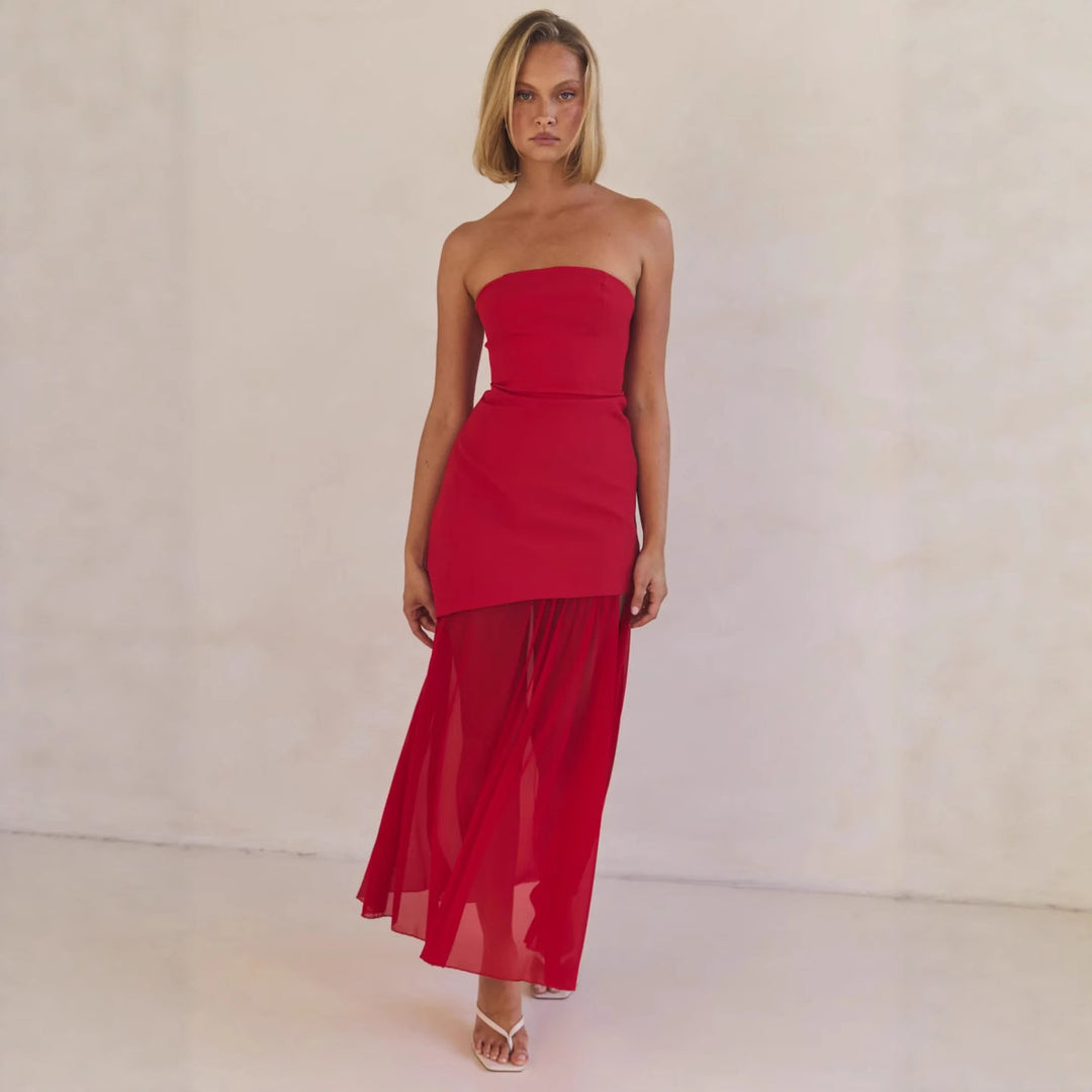 Women's Elegant Bandeau Maxi Dress with Flowing Chiffon Skirt and Figure-Hugging Bodice