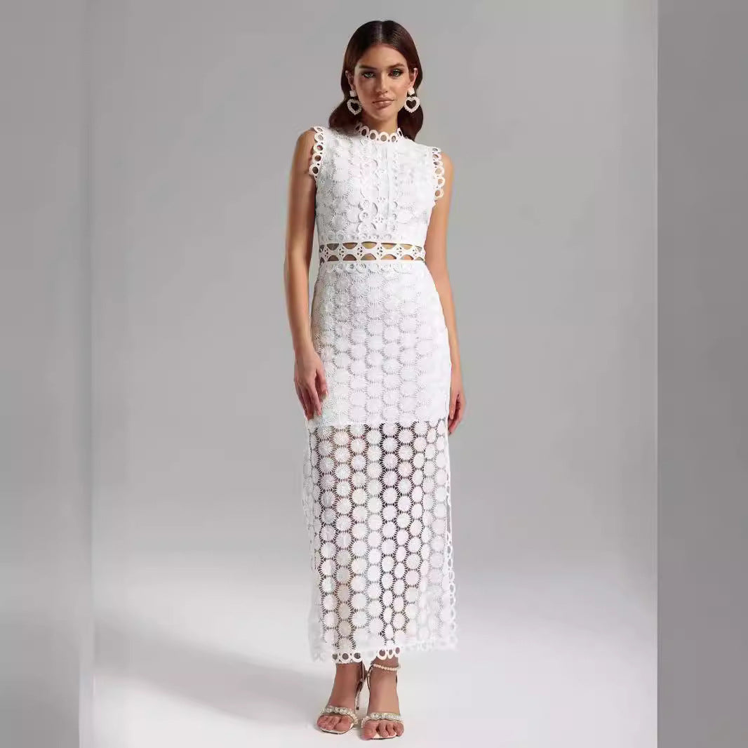 Women's Elegant Lace Maxi Dress with Transparent Inserts and Decorative Ruffle Details