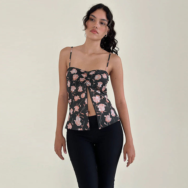 Women's cami top with floral design and nostalgic knot closure Lune London