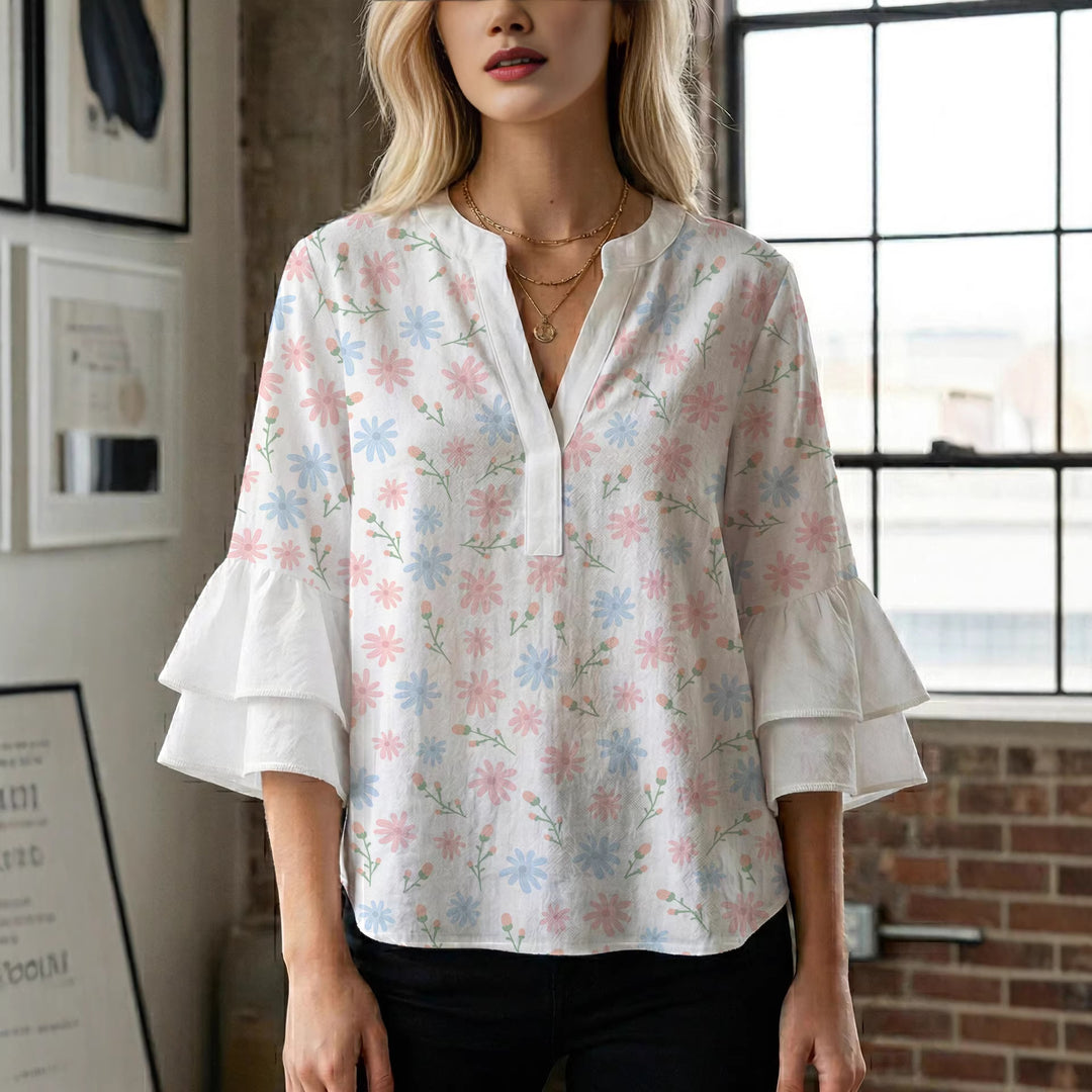 Women's blouse with voluminous wing sleeves and intense leaf pattern Lisslune
