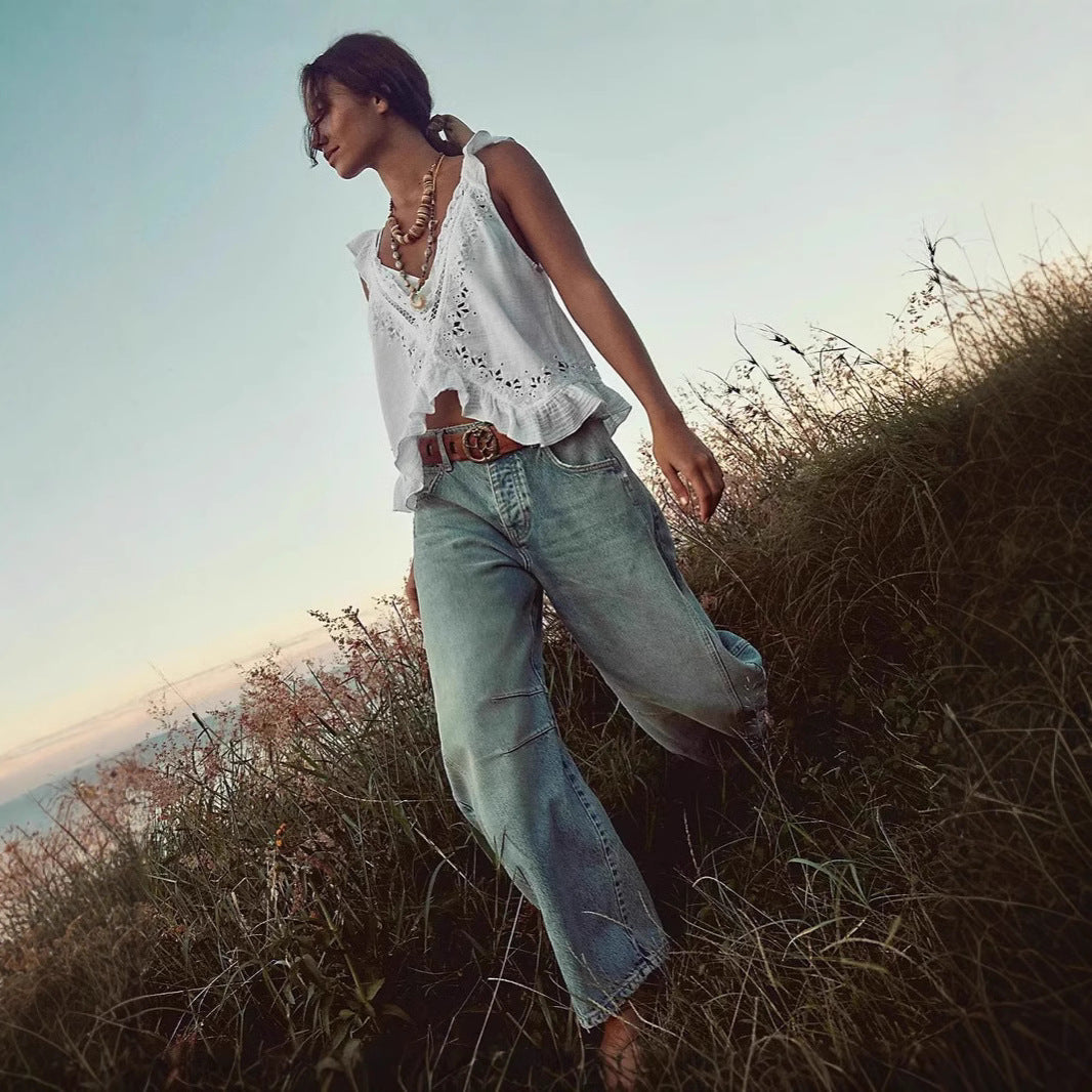 Women's airy linen crop top with ruffles Lisslune