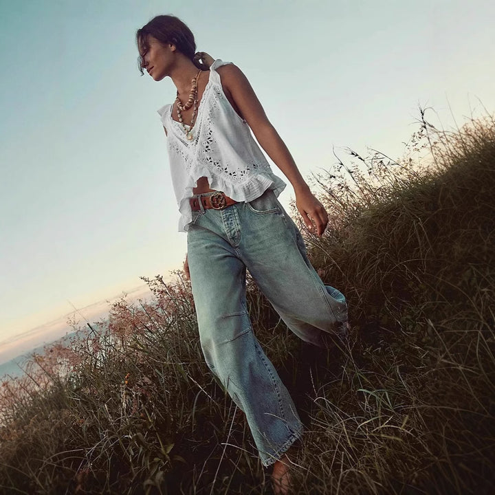 Women's airy linen crop top with ruffles Lisslune