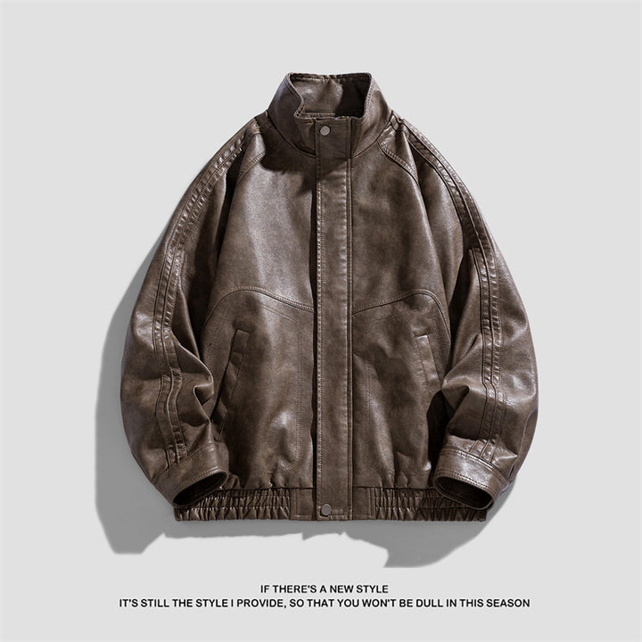 Men's stylish artificial leather jacket with high collar and practical zippered pockets Lisslune