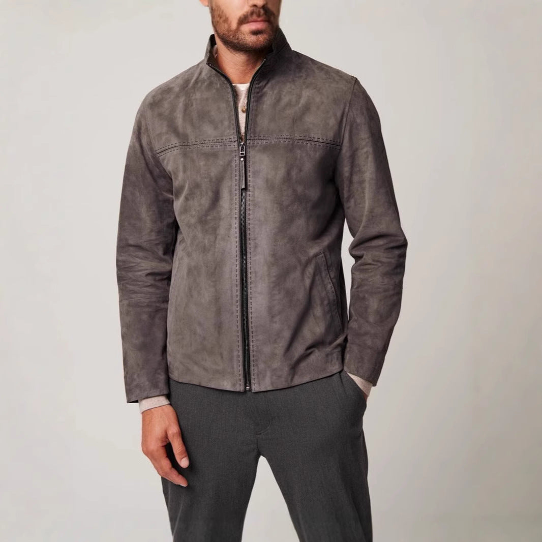 Men's elegant suede jacket with textured design and practical zippered pockets Lisslune