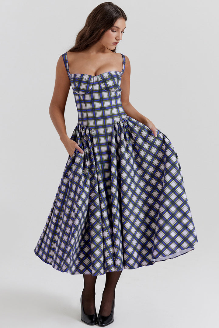 Women's midi dress in check pattern with textured bodice and voluminous skirt Lisslune