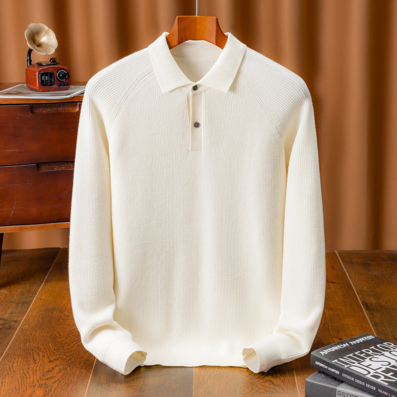 Men's Fine Knit Pullover with Classic Polo Collar and Fashionable Ribbed Structure Lisslune