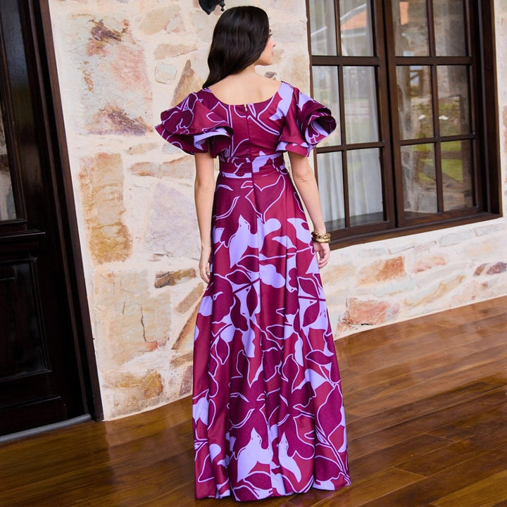 Ladies Maxi Dress with voluminous puff sleeves and elegant slit Lisslune
